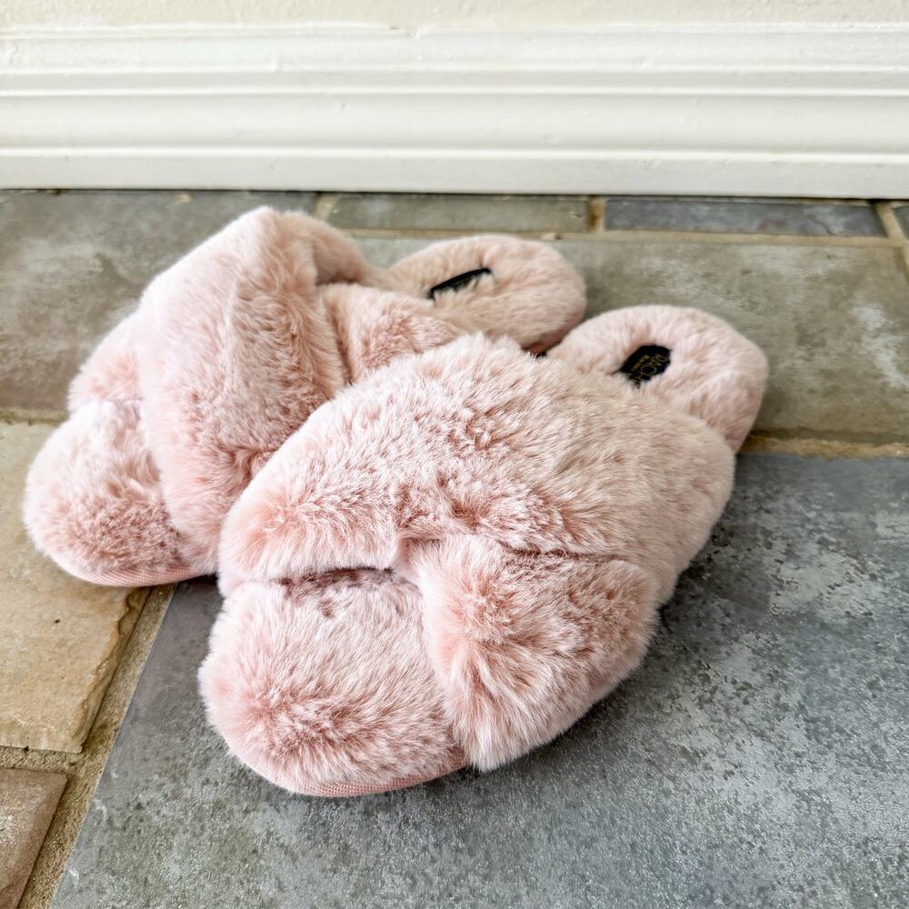 Rachel Roy Faux Fur Cross Band Slippers Pink Womens S 5-6 Cozy Plush